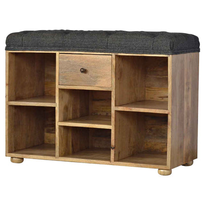 1 Drawer Bench - Black Tweed by Maple Manor with a black cushioned top, one drawer, and open storage