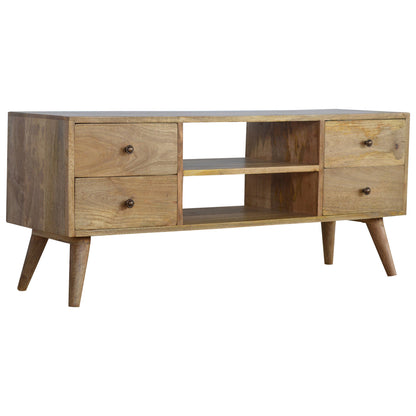 Media Unit Nordic by Maple Manor solid wood media unit with two drawers and open shelves, natural oak tone