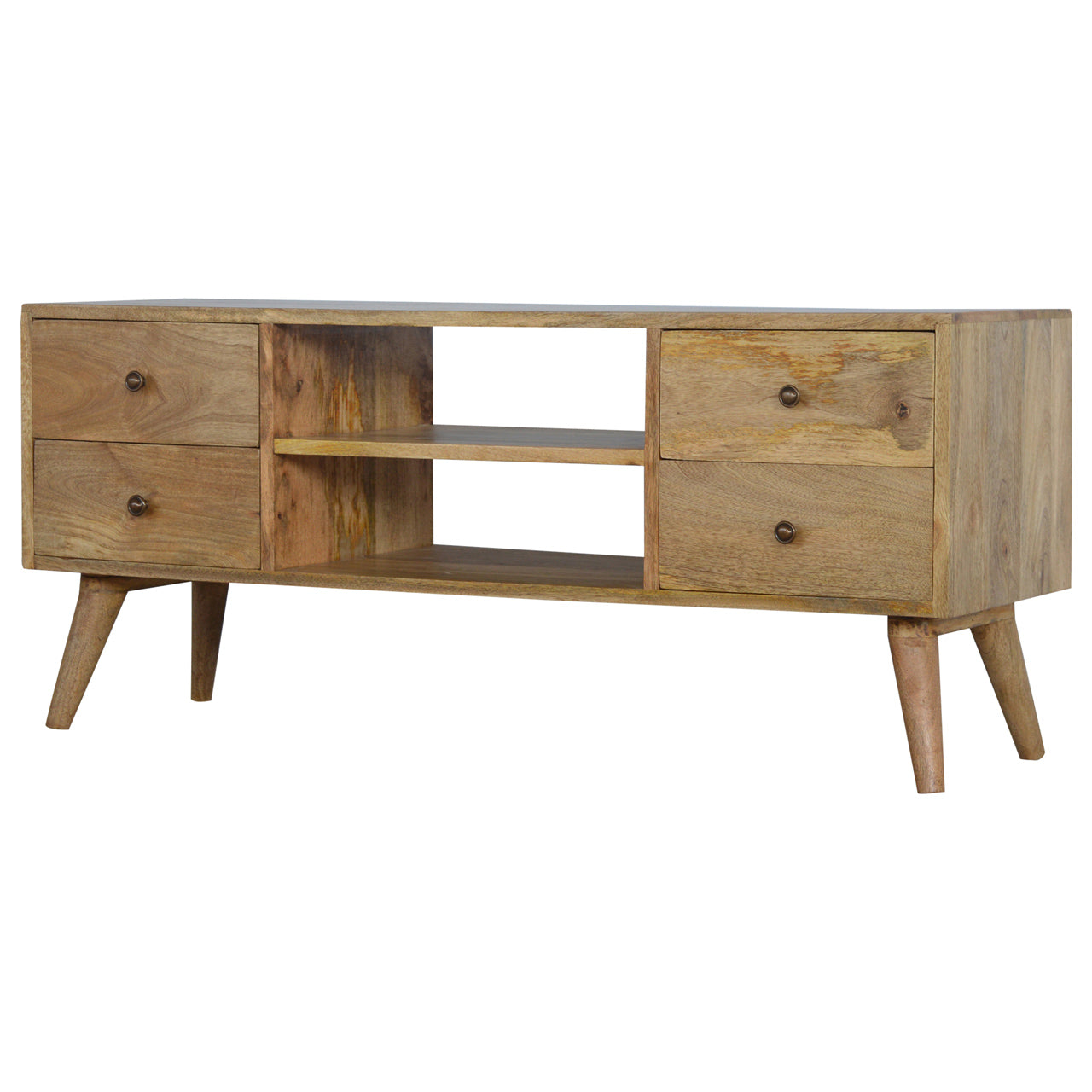 Media Unit Nordic by Maple Manor solid wood media console with drawers and open shelves, natural finish.