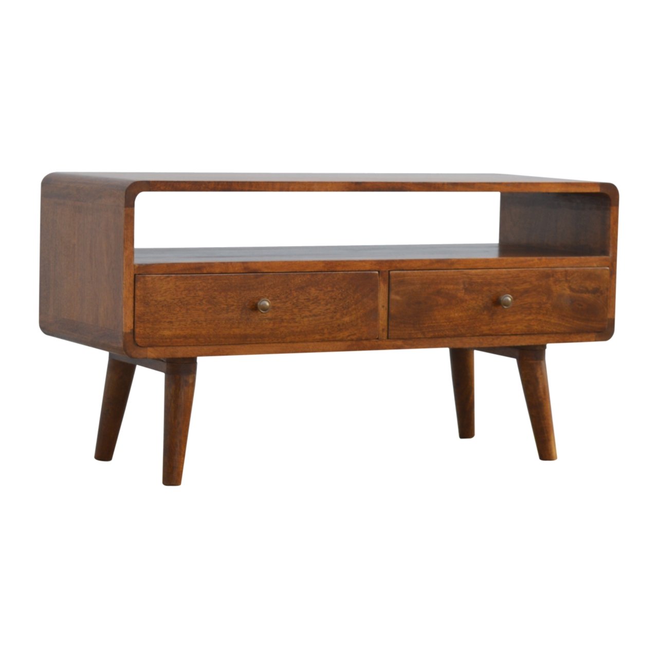 Chestnut Media Unit-Curved by Maple Manor in solid wood with curved sides, two drawers, and open shelf