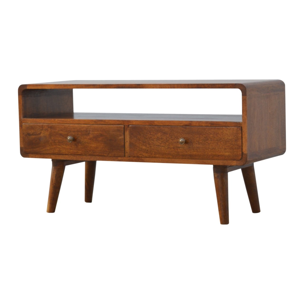 Chestnut Media Unit-Curved by Maple Manor solid wood media unit in chestnut brown with two drawers and knobs