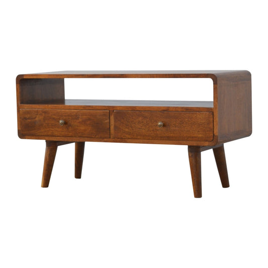 Chestnut Media Unit-Curved by Maple Manor solid wood media unit in chestnut brown with two drawers and knobs