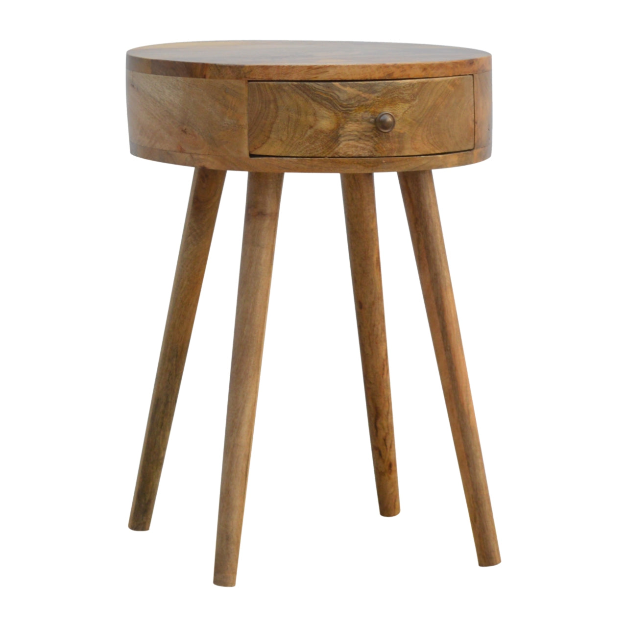 Bedside Circular Shaped Nordic Maple Manor bedside table in solid wood with round top and drawer