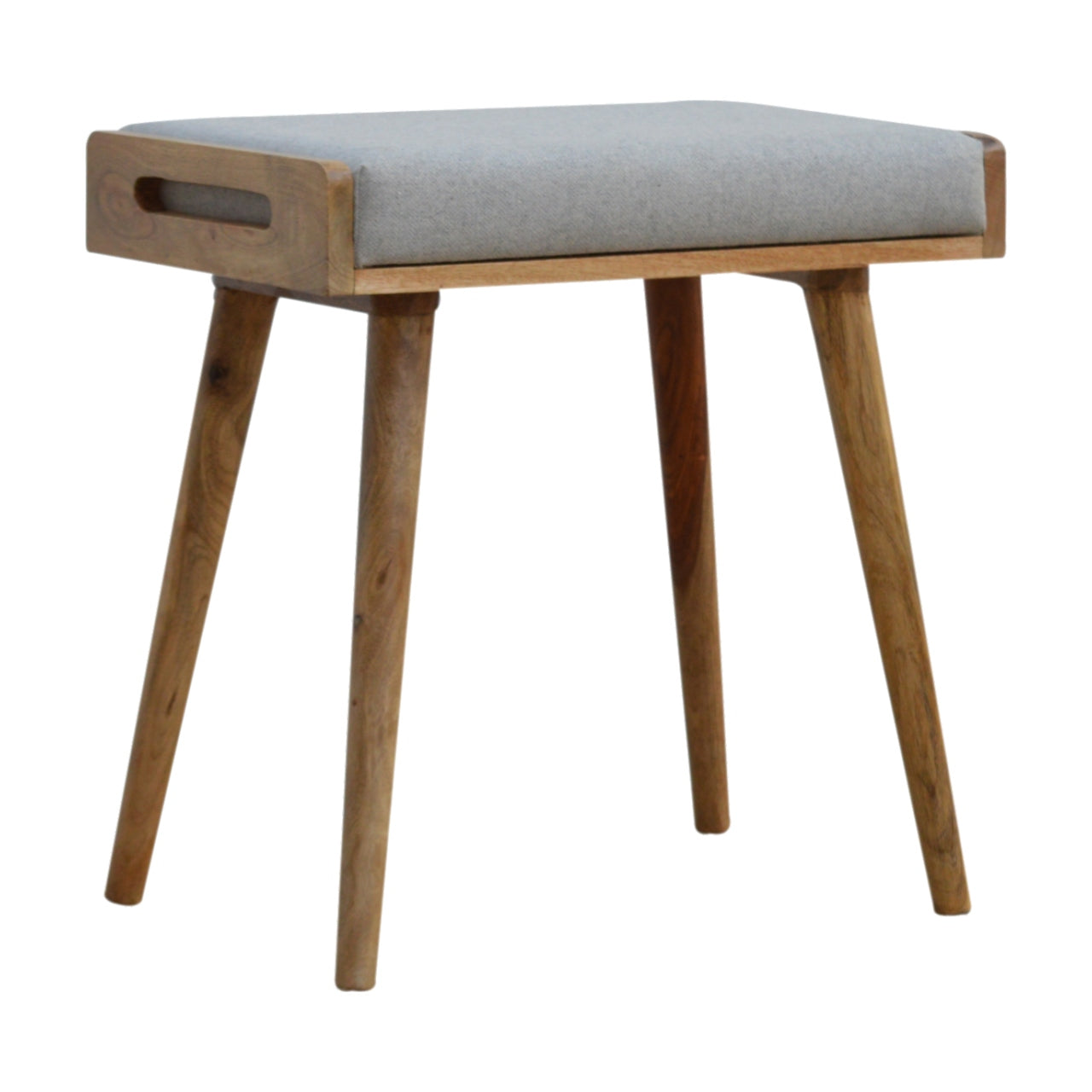 Footstool Grey Tweed Tray Style by Maple Manor: grey tweed cushioned stool with tray handle and wooden legs
