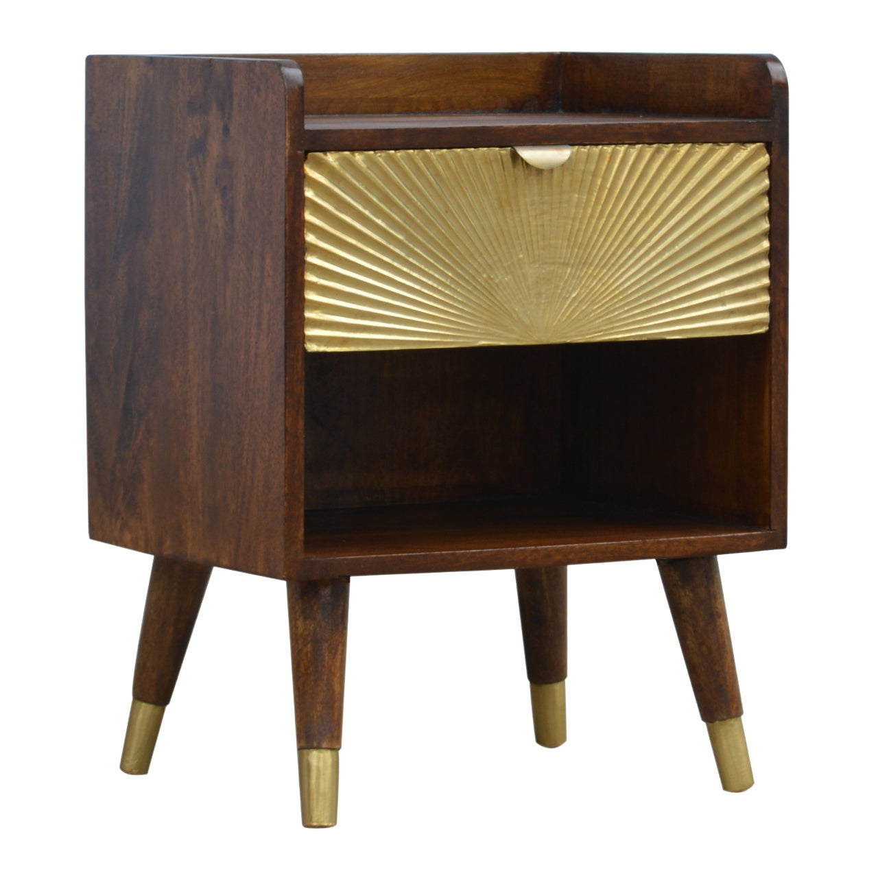 One Drawer Bedside Manila Gold by Maple Manor, dark wood bedside table with gold drawer panel and one drawer.