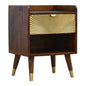 One Drawer Bedside Manila Gold by Maple Manor, dark wood bedside table with gold drawer panel and one drawer.