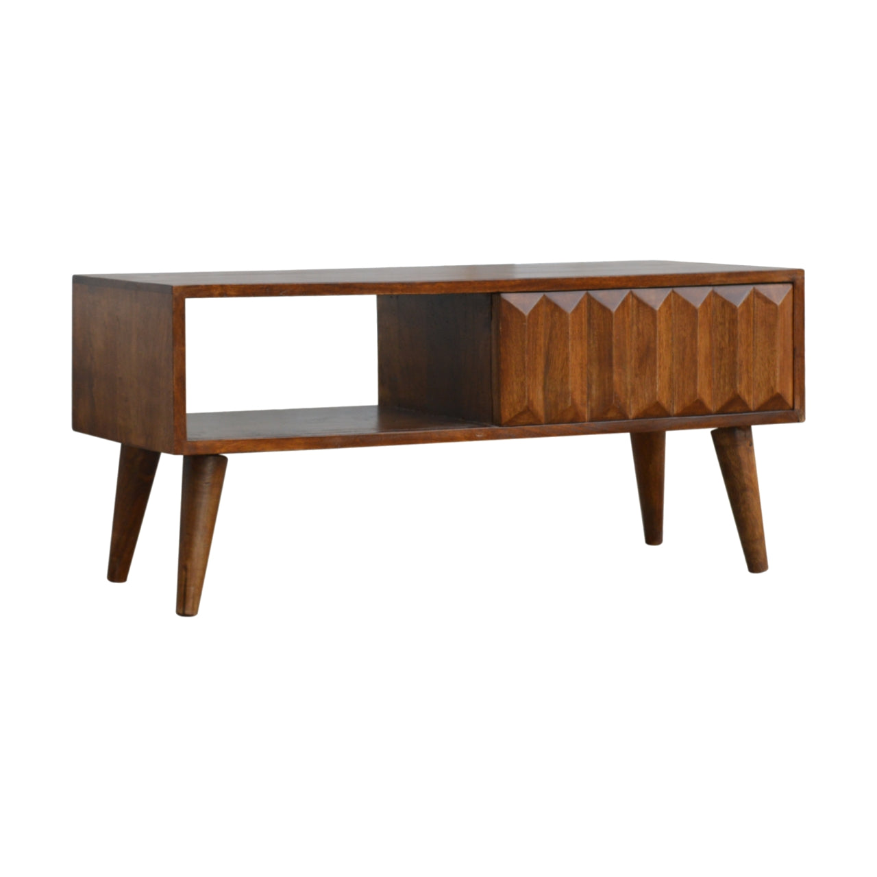 Chestnut Media Unit - Prism Sliding by Maple Manor, solid wood media unit in chestnut brown with sliding prism panel.
