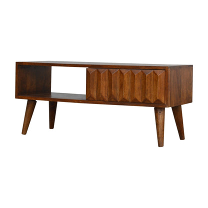 Chestnut Media Unit - Prism Sliding by Maple Manor in solid wood with prism-textured sliding doors and open shelf.