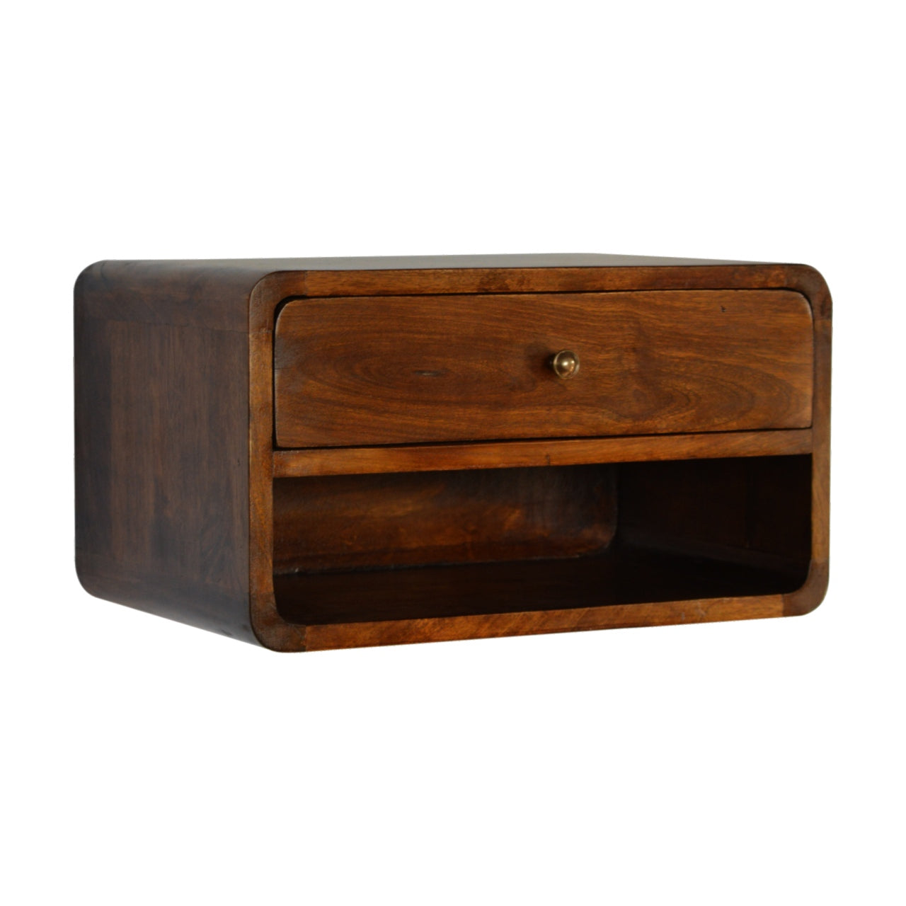 Floating Bedside Chestnut Curve by Maple Manor, wall mounted bedside table in mango wood with curved drawer front.