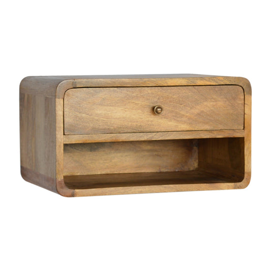 Floating Bedside Curve Open Slot by Maple Manor wall mounted bedside table in warm mango wood with open slot