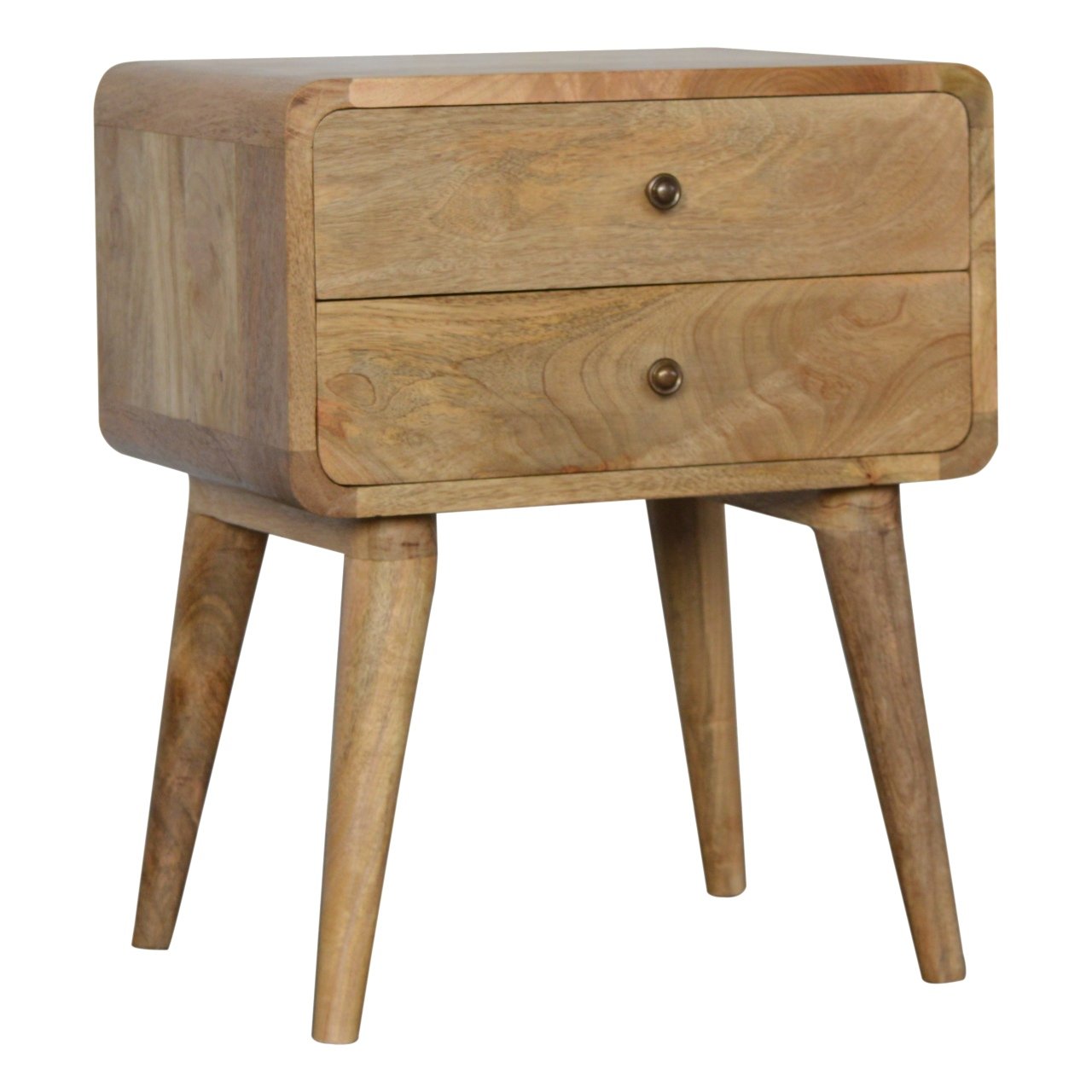 Oak-ish Bedside Curved by Maple Manor, solid wood bedside table with two drawers and curved frame, light brown.