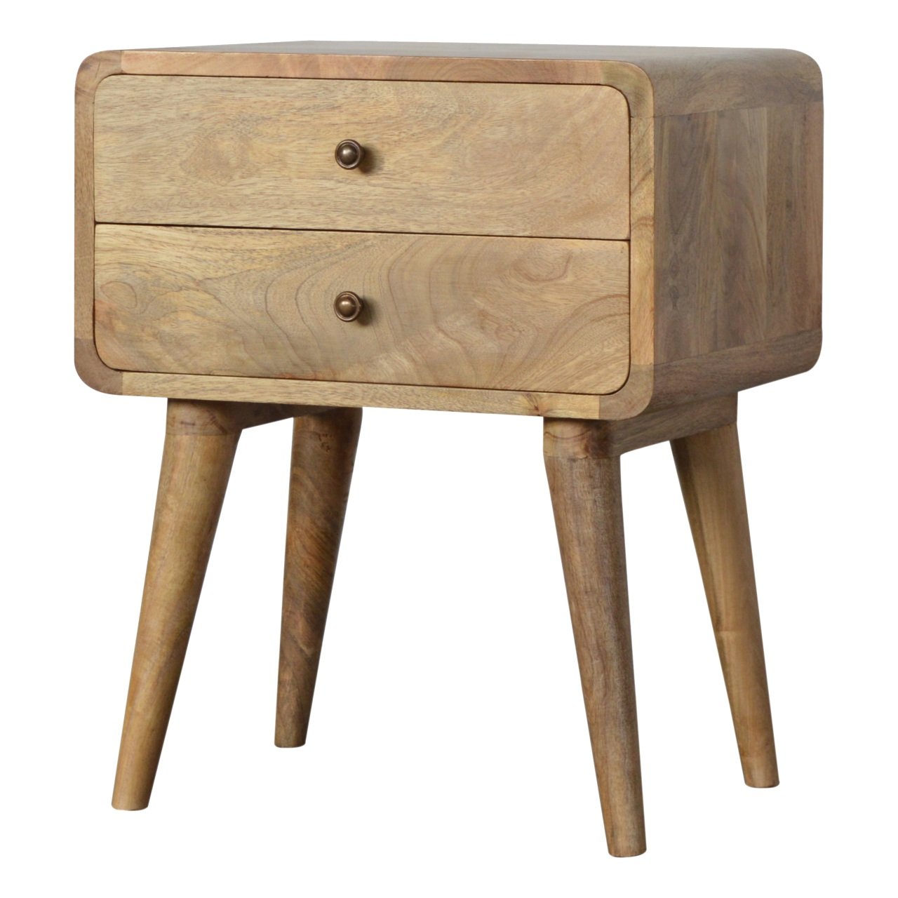 Oak-ish Bedside Curved by Maple Manor solid wood bedside table with two drawers and round knobs