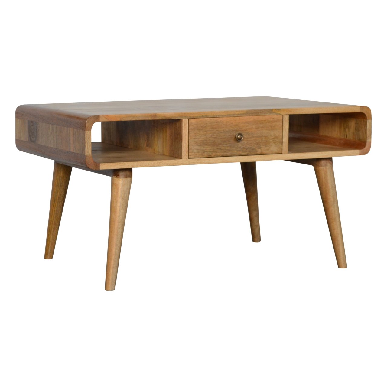 Oak-ish Coffee Table Curved by Maple Manor, solid wood living room table with curved apron and drawer.