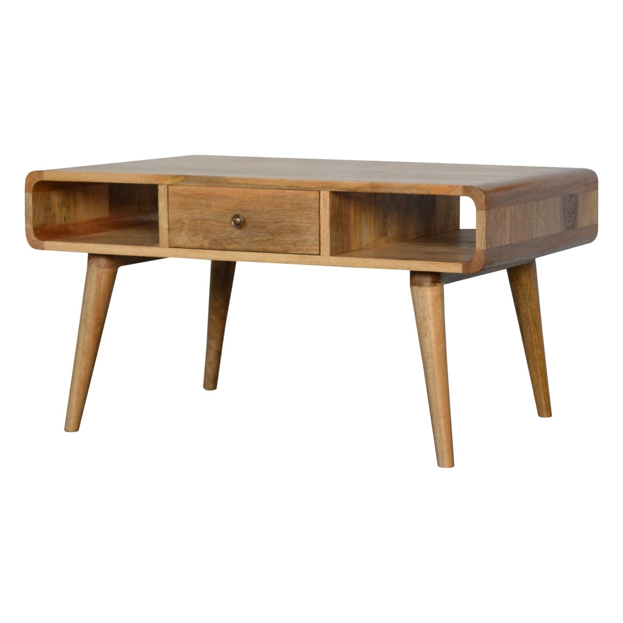 Oak-ish Coffee Table Curved by Maple Manor, solid wood coffee table with curved profile and single drawer.