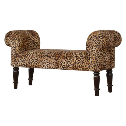 Velvet Bench Leopard Print by Maple Manor upholstered in leopard print velvet with solid wood legs and rolled arms