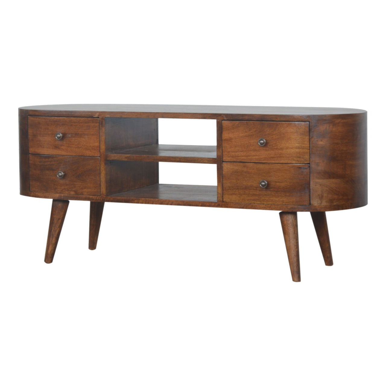 Chestnut Media Unit Rounded by Maple Manor, solid wood media unit with two drawers and open center shelf.