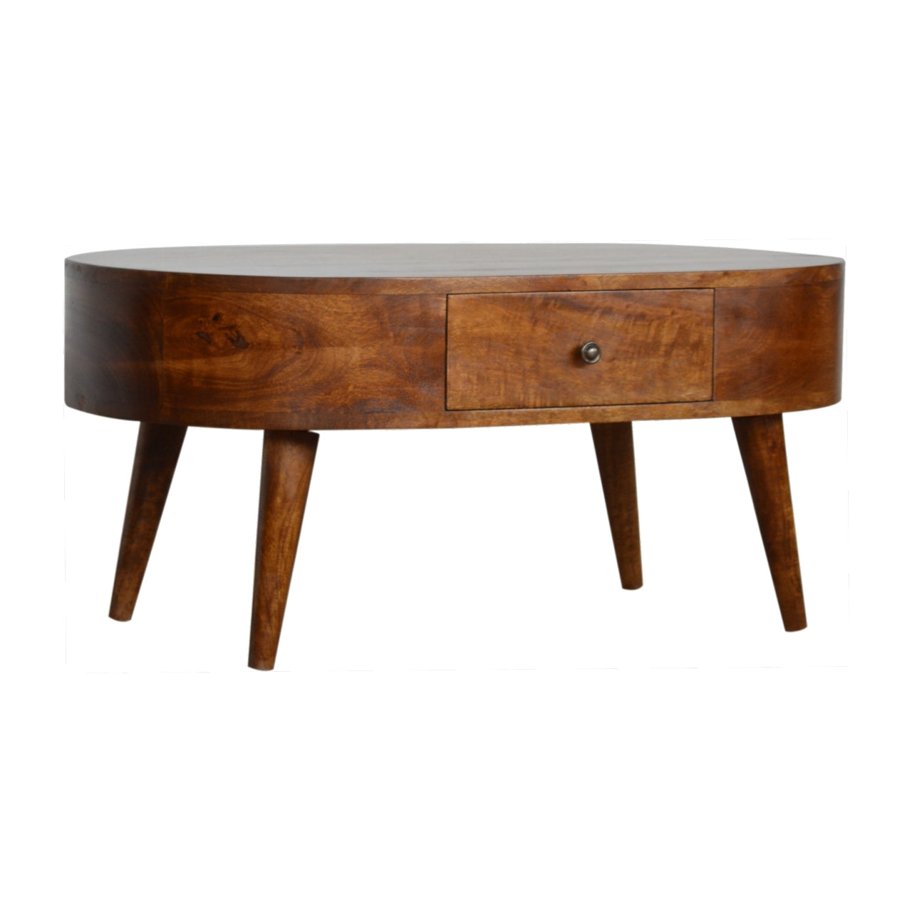 Chestnut Coffee Table Rounded by Maple Manor, solid wood coffee table with rounded top and single drawer.