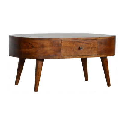 Chestnut Coffee Table Rounded by Maple Manor, solid wood coffee table with rounded top and single drawer.