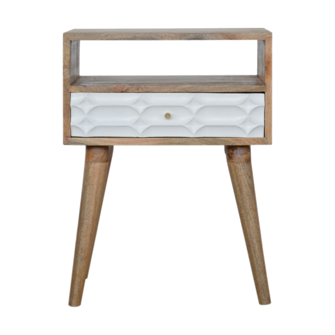 Capsule Bedside with Open Slot by Maple Manor, mango wood bedside table with open slot and white drawer panel