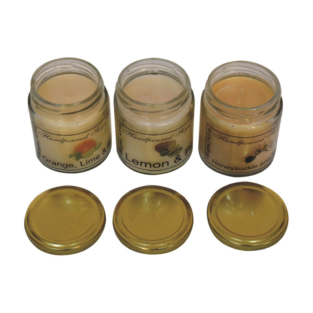 Set of 3 scented candles, includes Orange, Lime & Basil, Lemon & Pine and Honeysuckle & Jasmine. on a white background