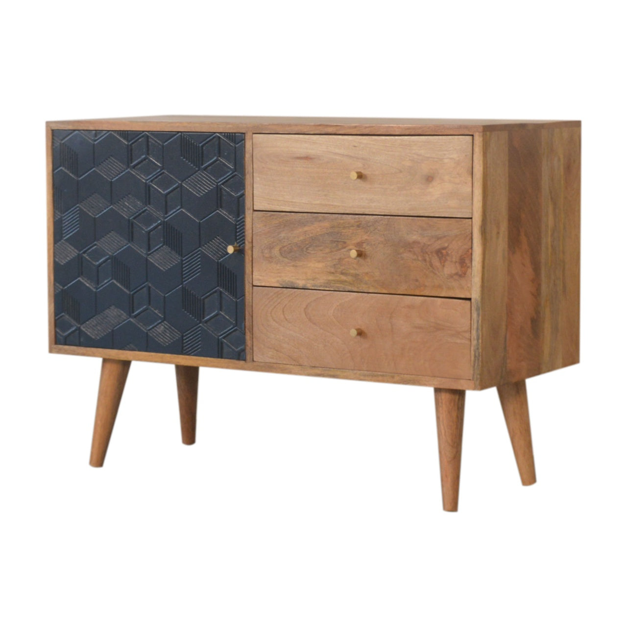 Cabinet with Drawers - Acadia Black by Maple Manor in solid wood with three drawers and a black geometric door.