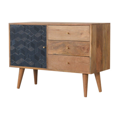 Cabinet with Drawers - Acadia Black by Maple Manor in solid wood with three drawers and a black geometric door.